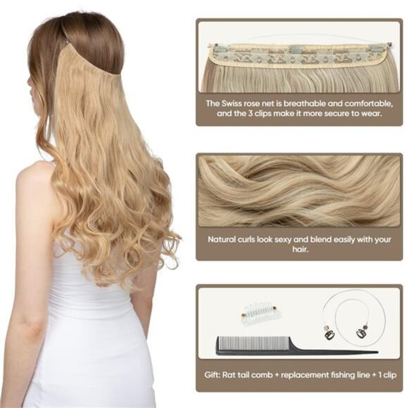 SARLA Invisible Wire Hair Extensions with 3 Clips Synthetic Wavy Curly - Picture 3 of 15